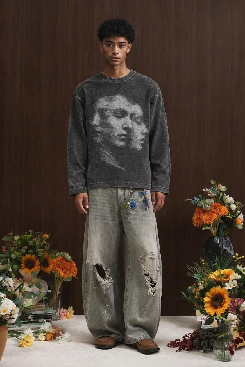 Black Acid Wash Waffle Tee